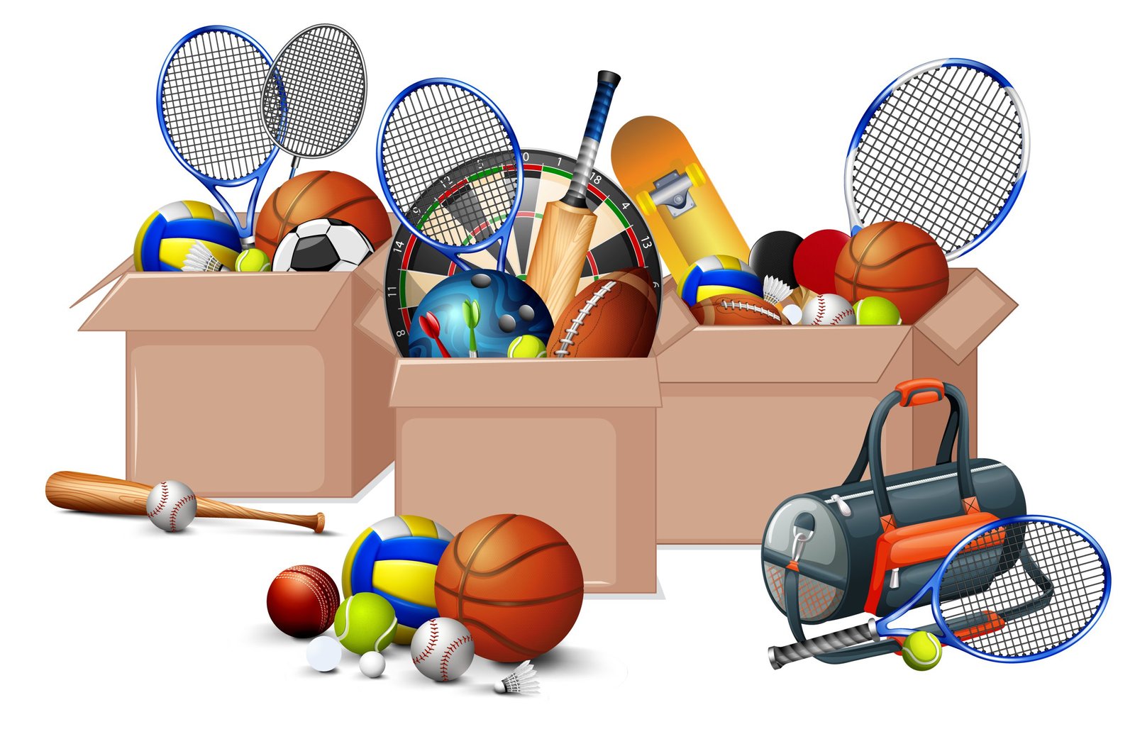 Three boxes full of sport equipments on white background illustration