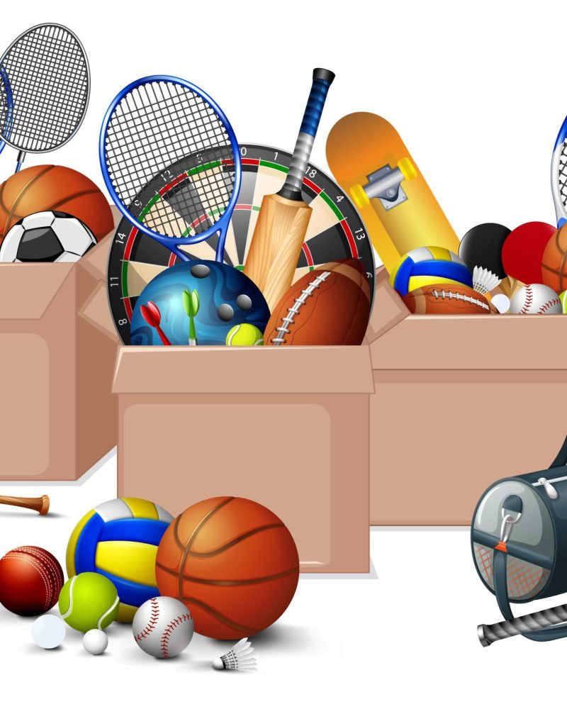 Three boxes full of sport equipments on white background illustration